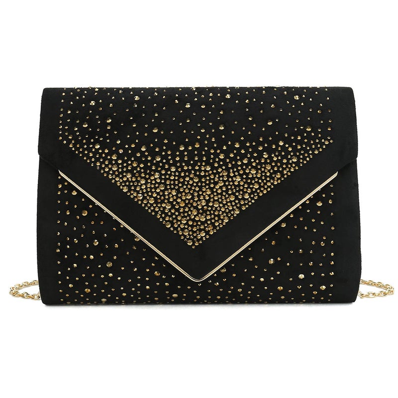 CHARMING TAILOR Envelope Purse Formal Faux Suede Clutch Rhinestone Evening Bag for Women Party Handbag (Black/gold) - Image 1